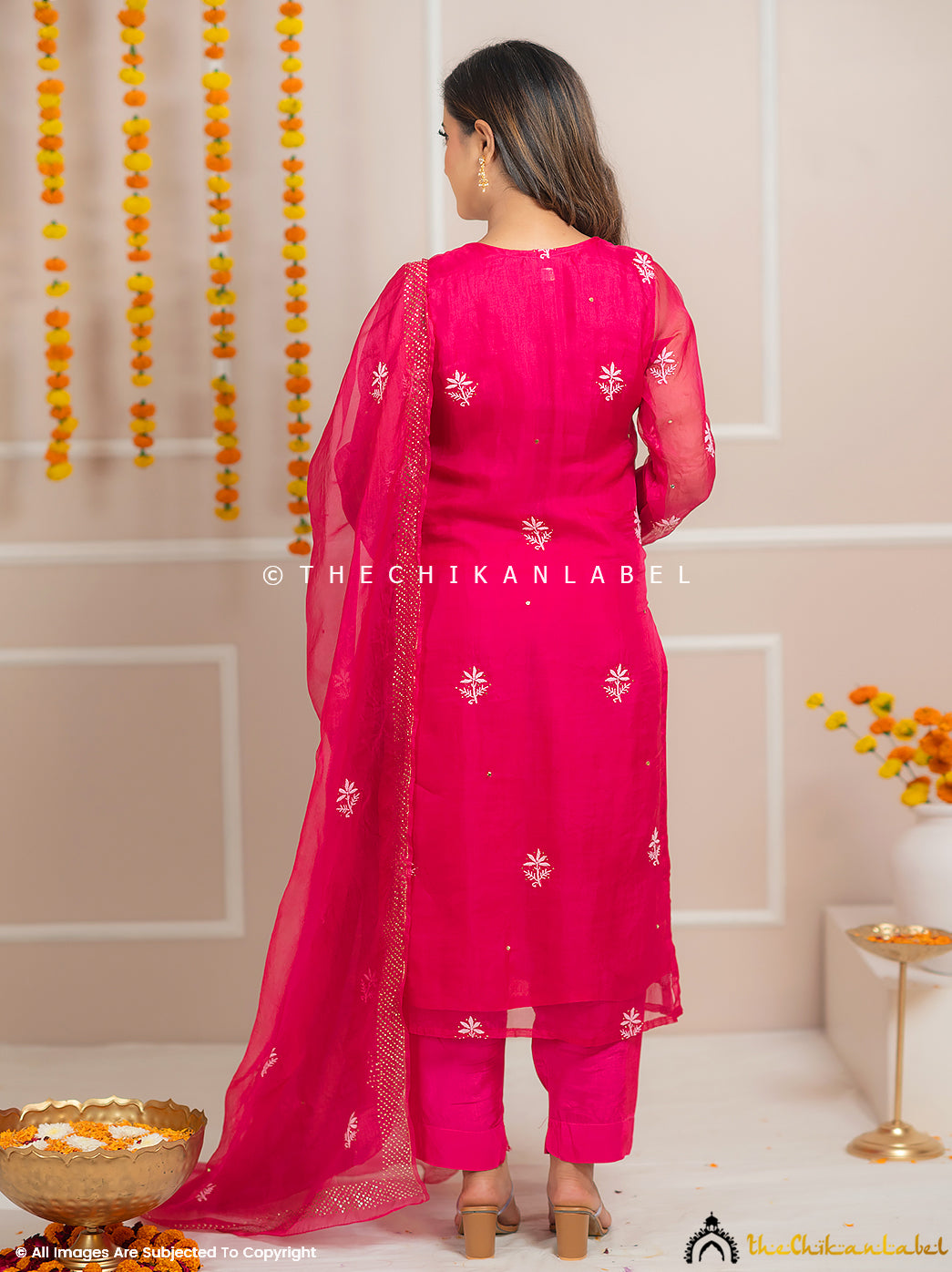 Zariyaan Hot Pink Stitched Pure Organza Chikankari Suit