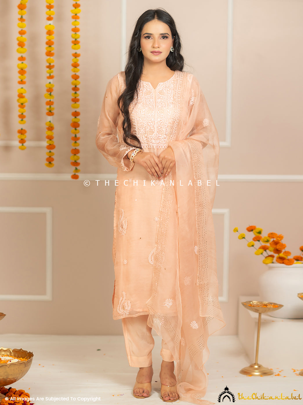 Zariyaan Peach Stitched Pure Organza Chikankari Suit