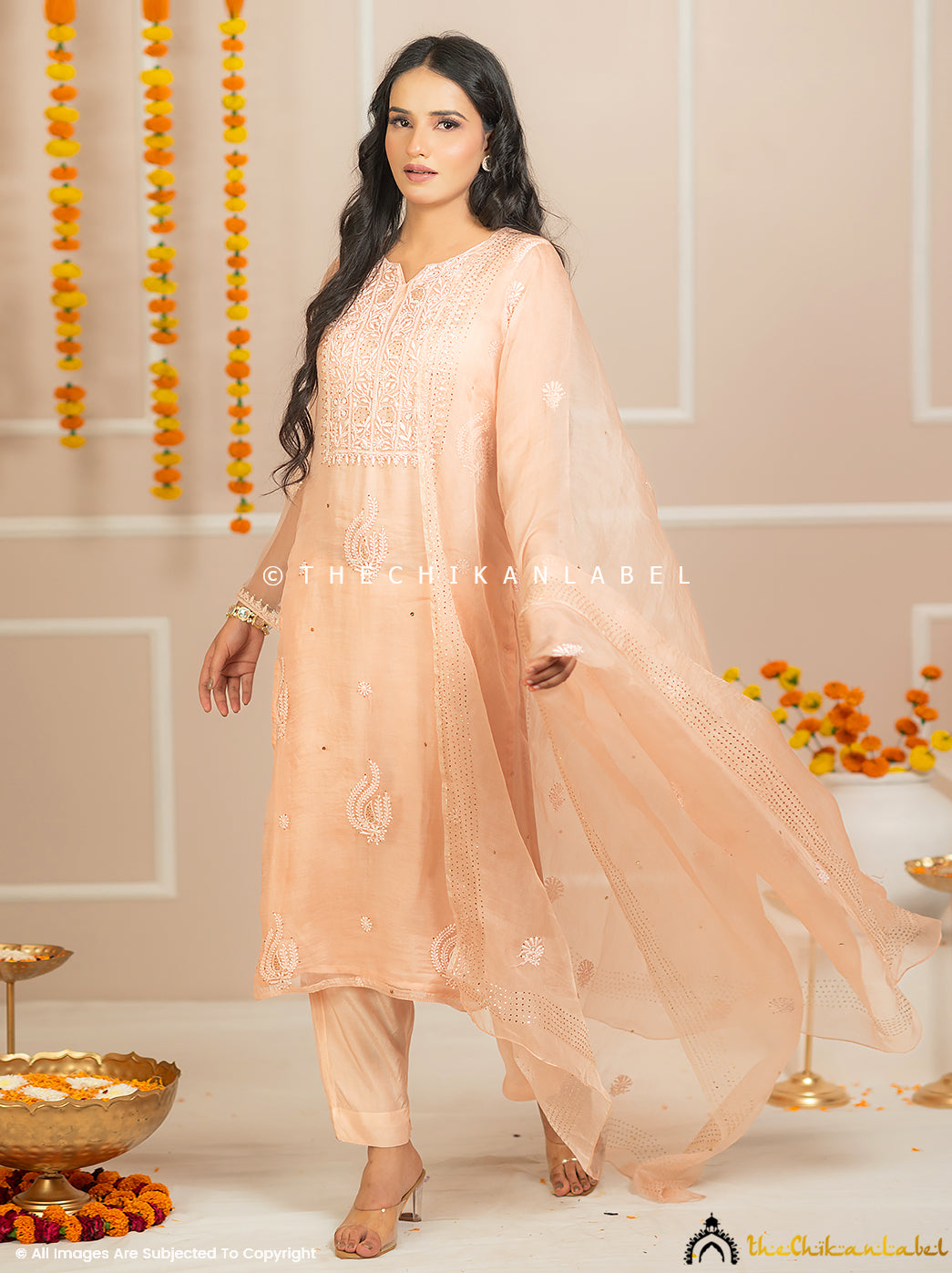 Zariyaan Peach Stitched Pure Organza Chikankari Suit