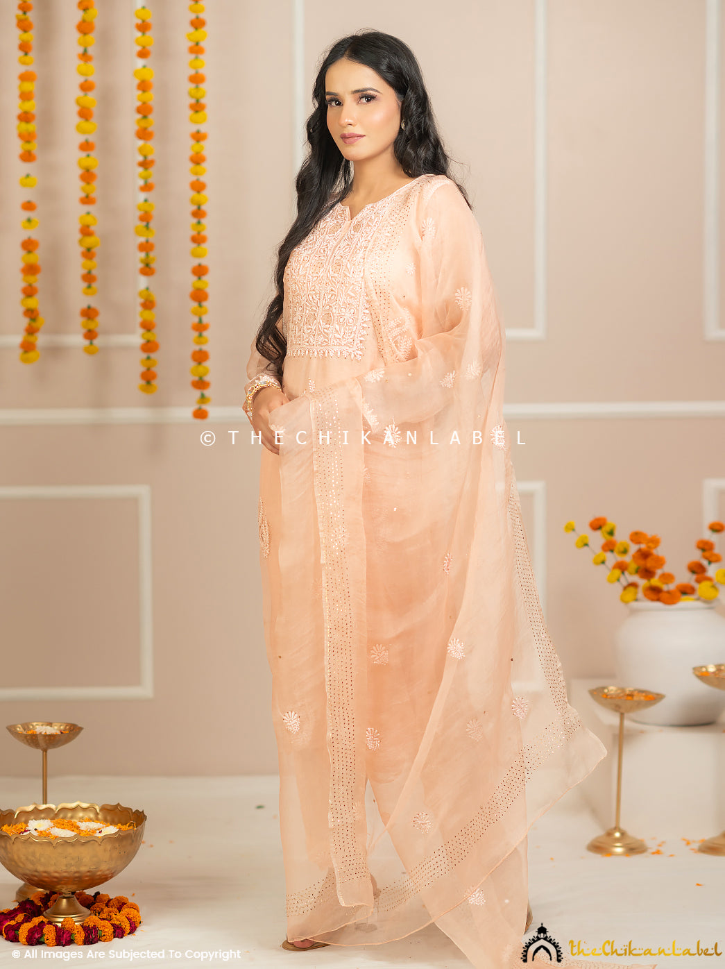 Zariyaan Peach Stitched Pure Organza Chikankari Suit