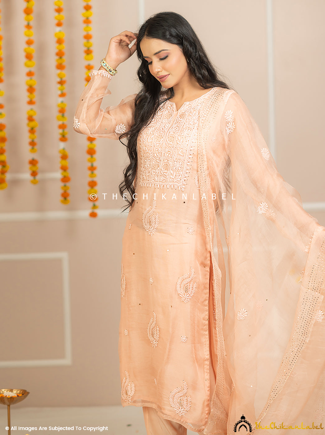 Zariyaan Peach Stitched Pure Organza Chikankari Suit