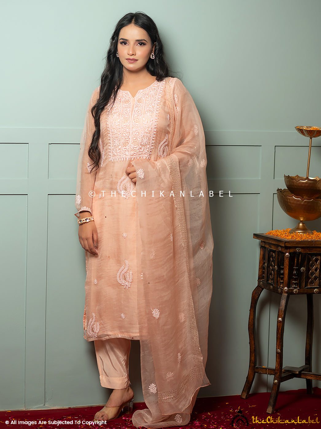 Zariyaan Peach Stitched Pure Organza Chikankari Suit