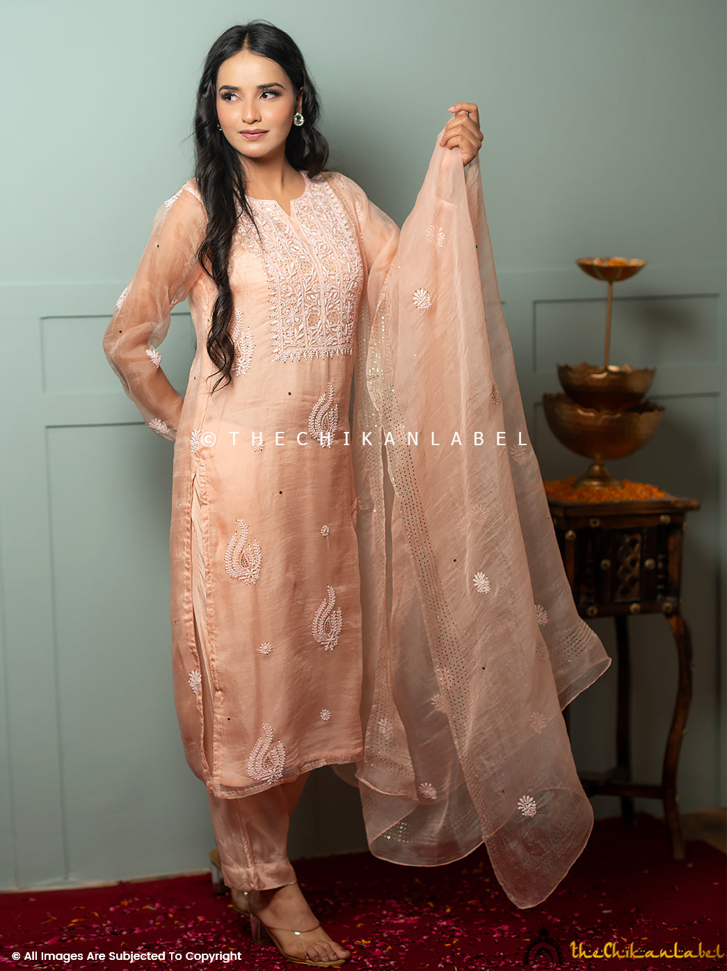 Zariyaan Peach Stitched Pure Organza Chikankari Suit