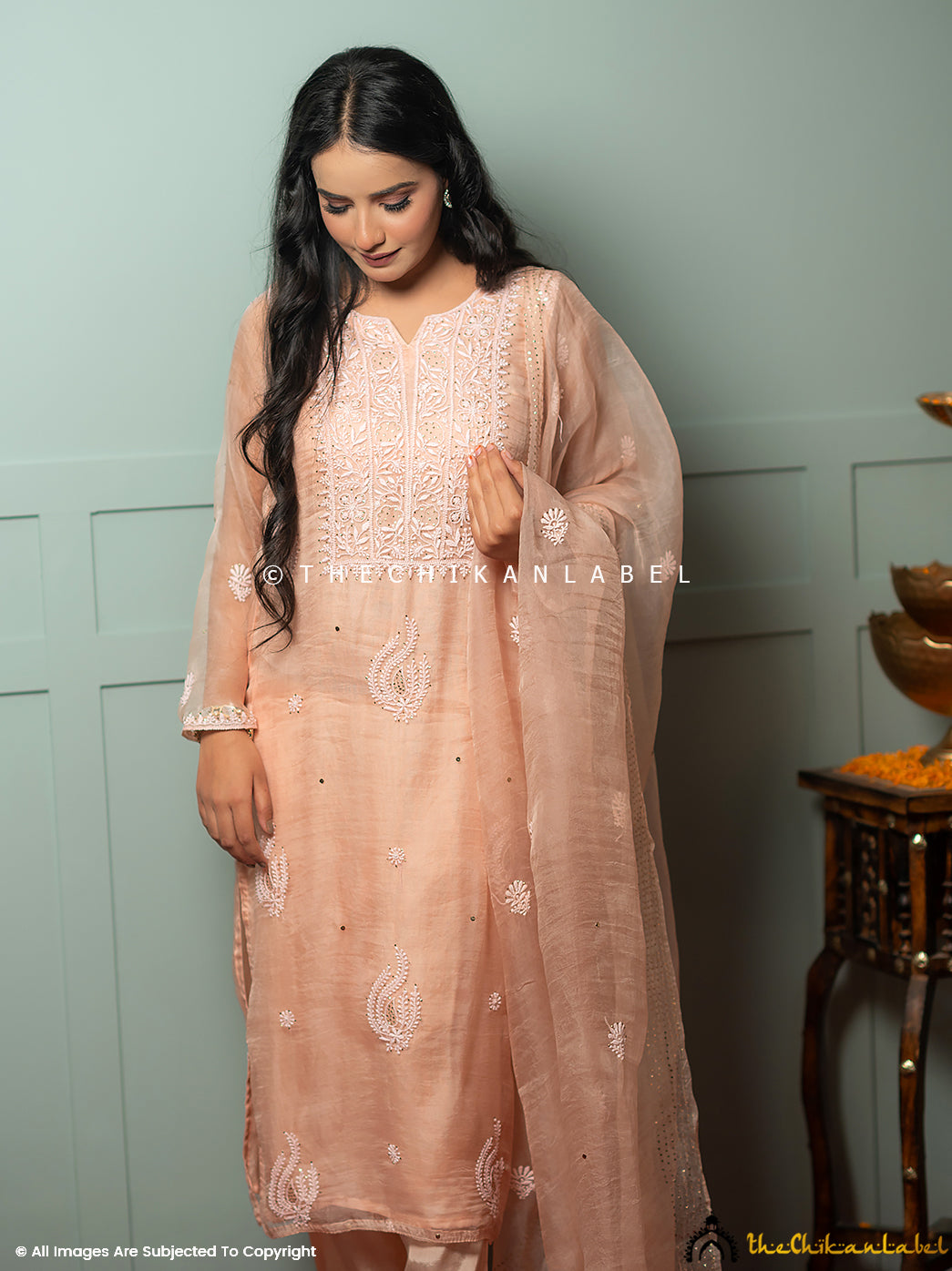 Zariyaan Peach Stitched Pure Organza Chikankari Suit