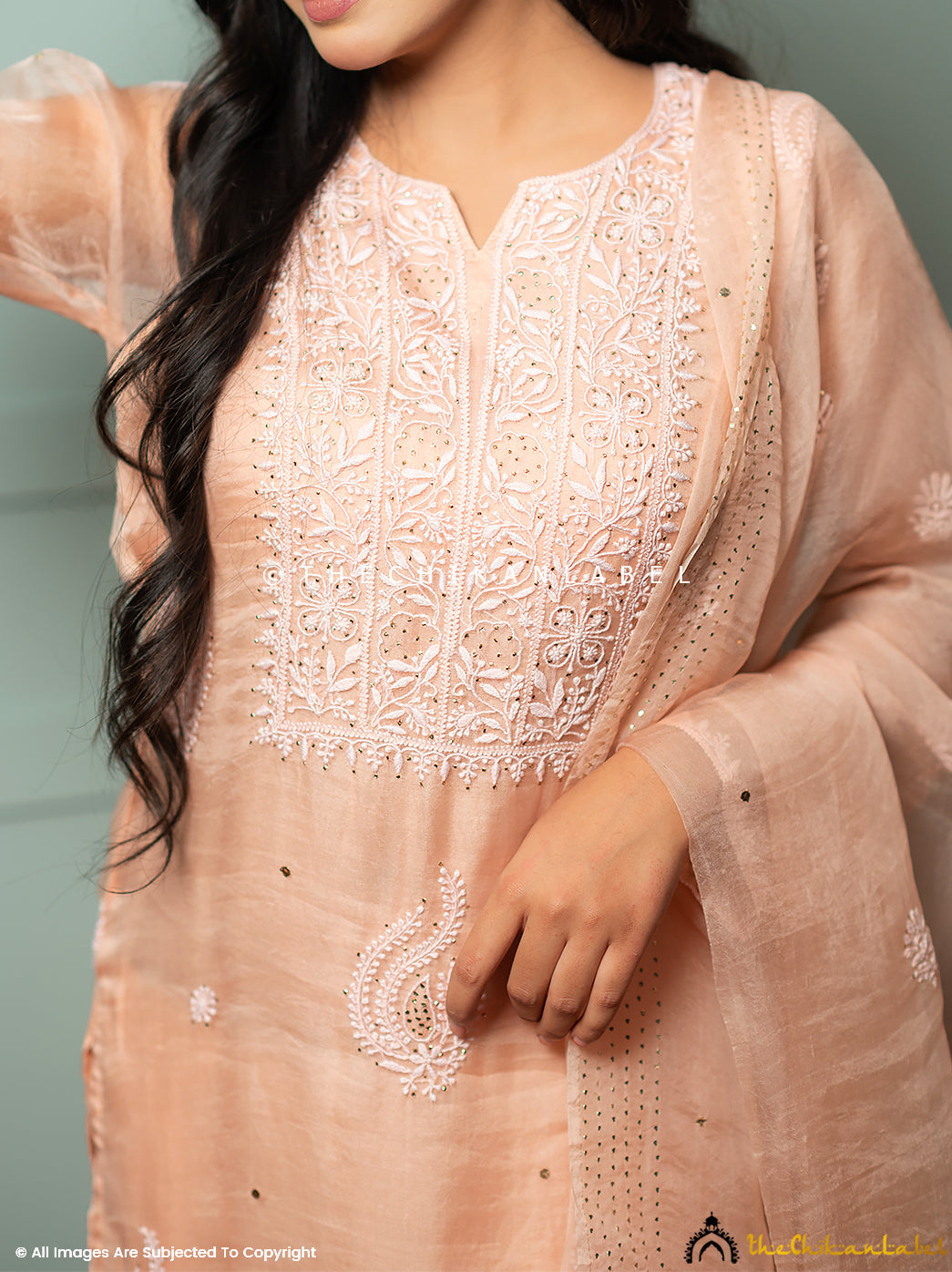 Zariyaan Peach Stitched Pure Organza Chikankari Suit