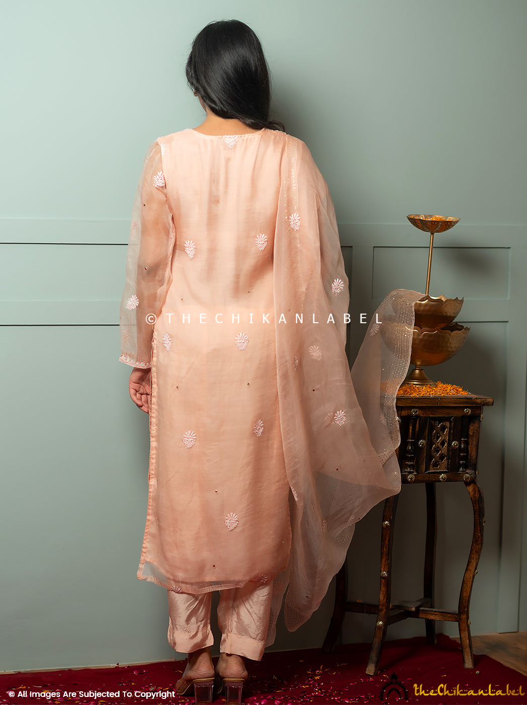 Zariyaan Peach Stitched Pure Organza Chikankari Suit