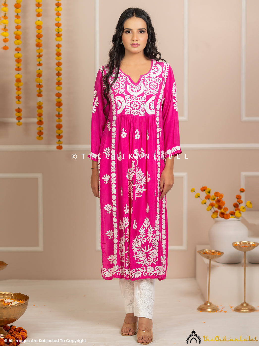 Zehnaseeb Rani Pink Crepe Straight Chikankari Kurti