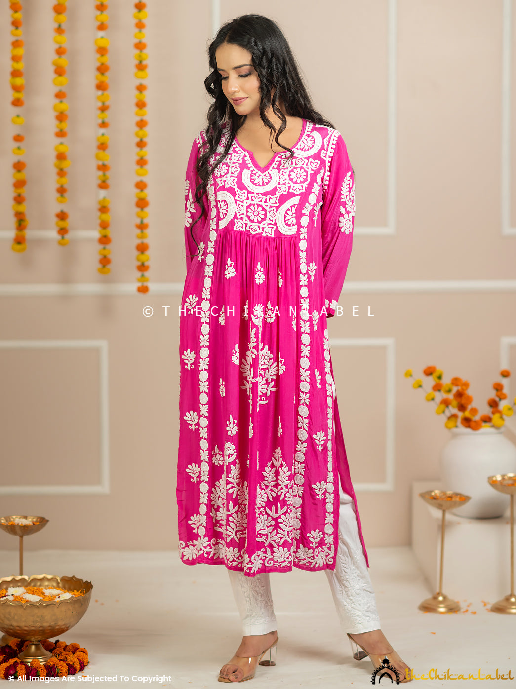 Zehnaseeb Rani Pink Crepe Straight Chikankari Kurti