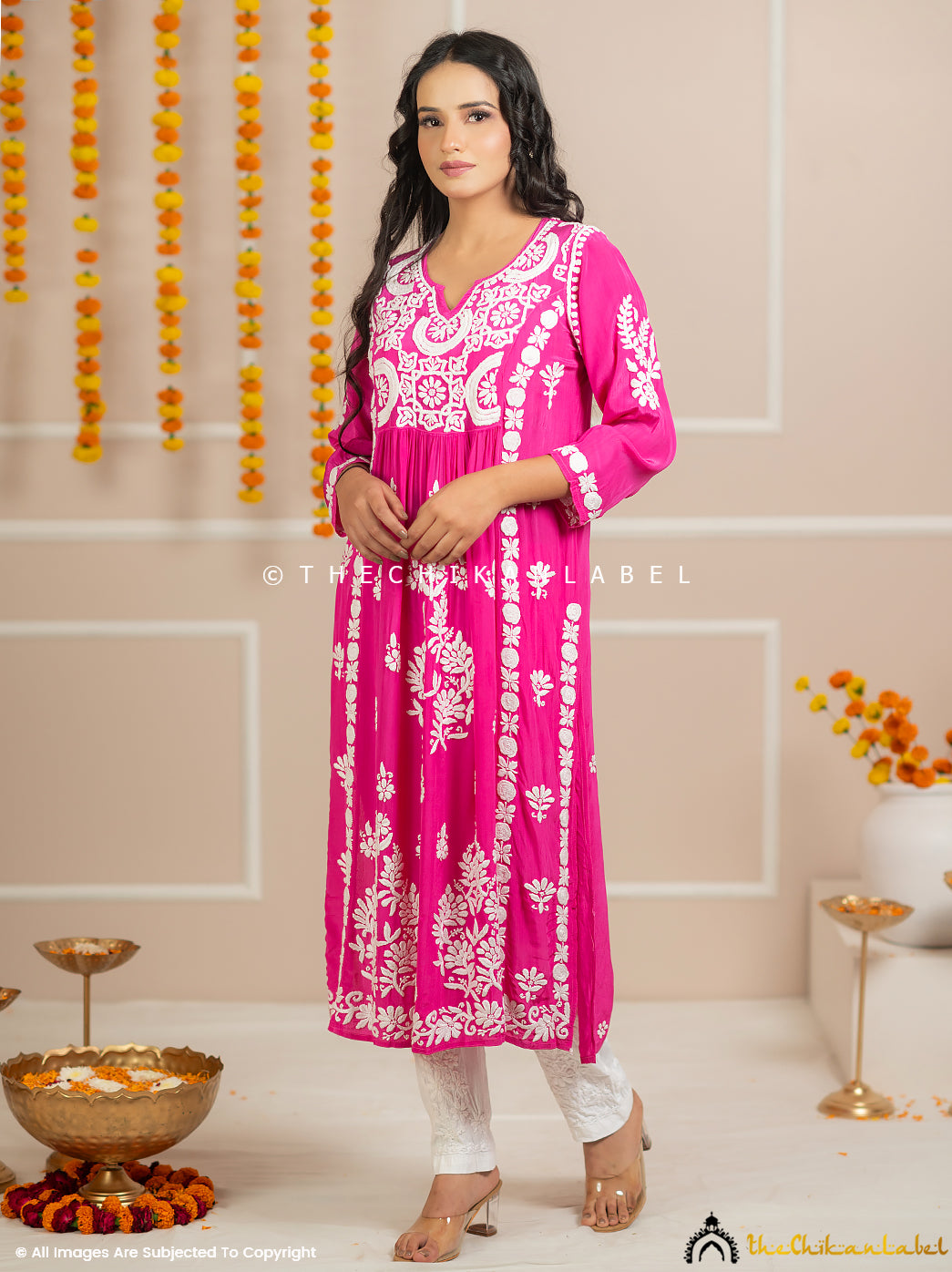 Zehnaseeb Rani Pink Crepe Straight Chikankari Kurti