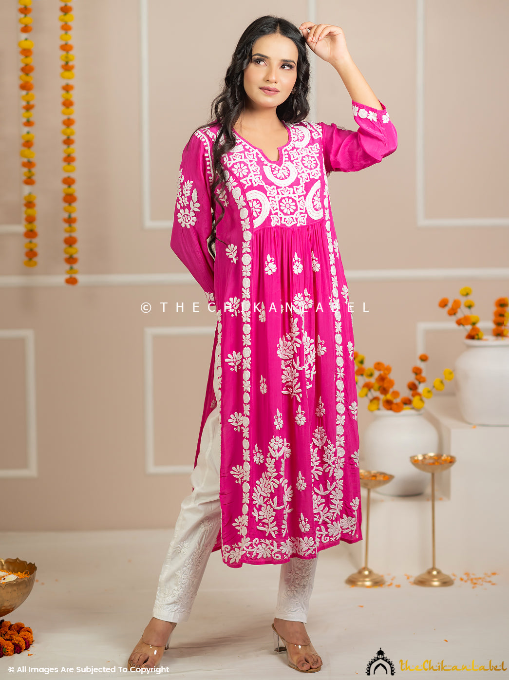 Zehnaseeb Rani Pink Crepe Straight Chikankari Kurti