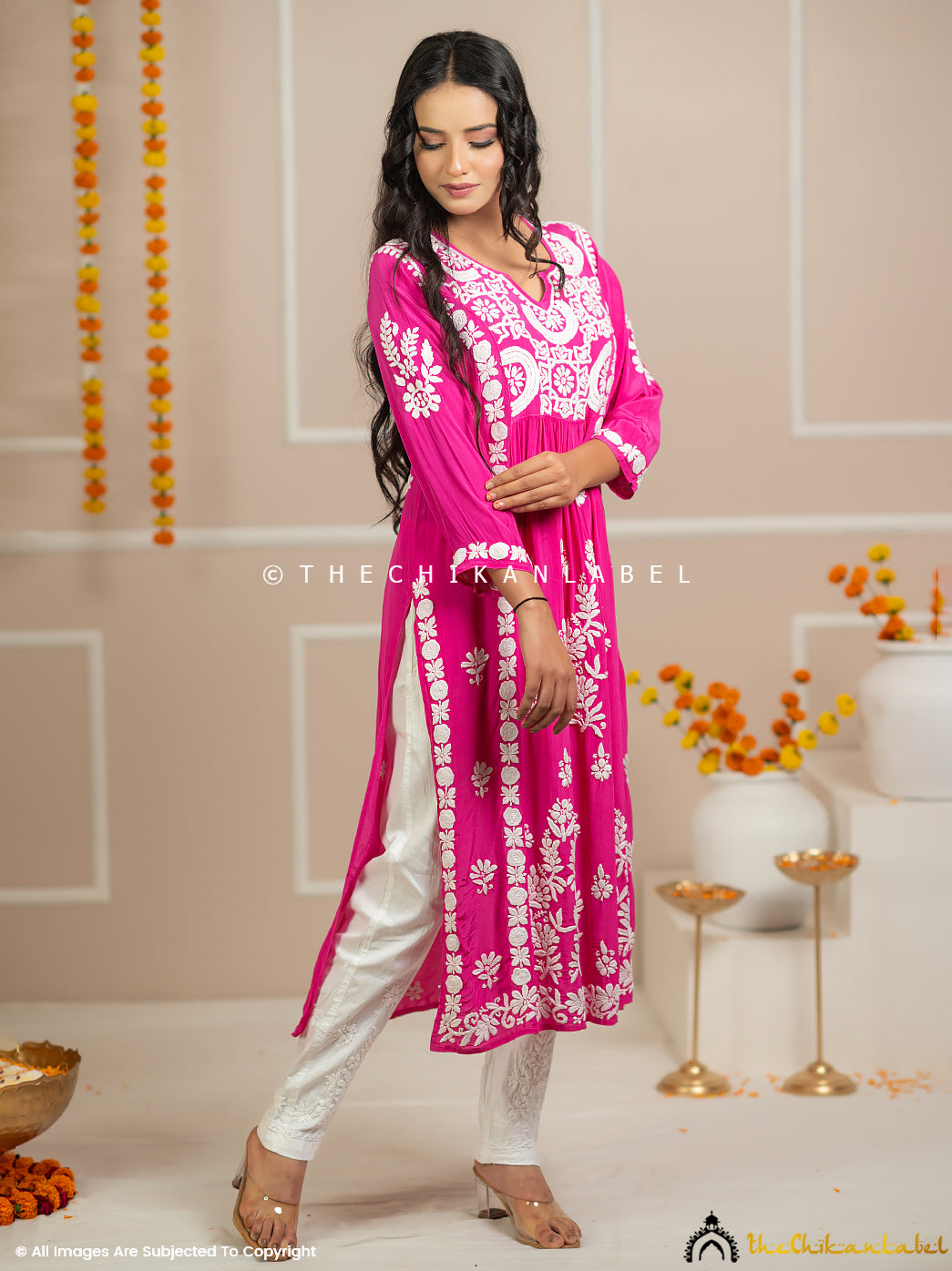 Zehnaseeb Rani Pink Crepe Straight Chikankari Kurti