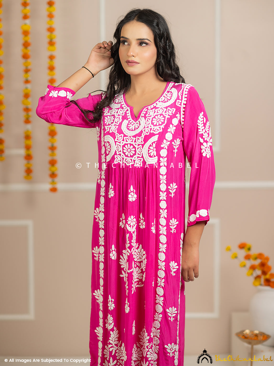 Zehnaseeb Rani Pink Crepe Straight Chikankari Kurti