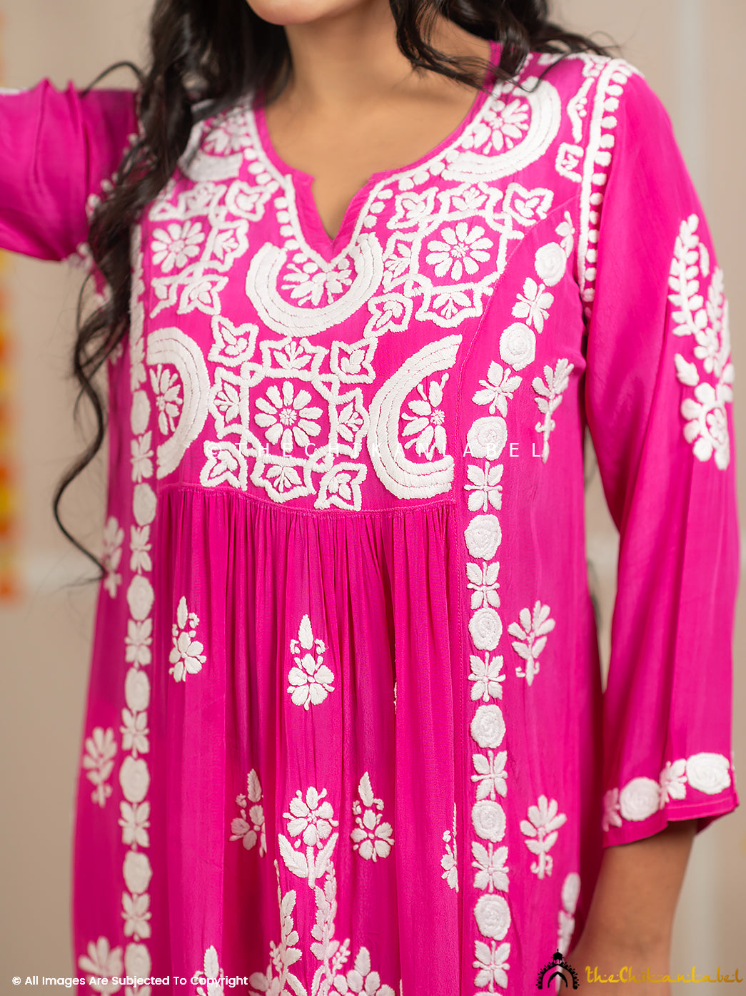 Zehnaseeb Rani Pink Crepe Straight Chikankari Kurti