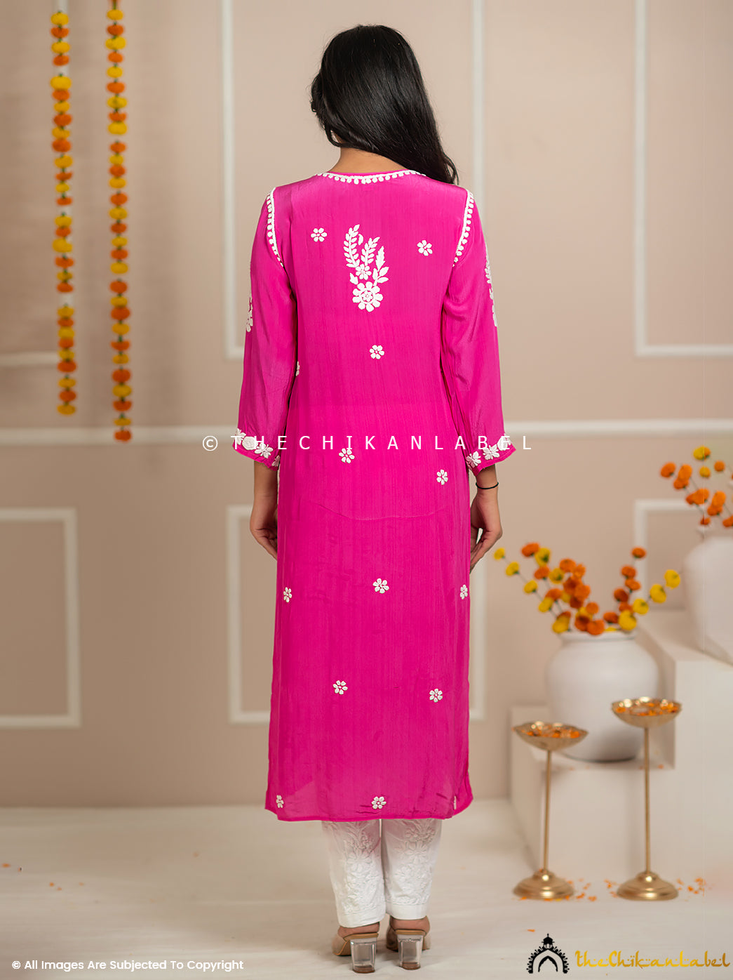 Zehnaseeb Rani Pink Crepe Straight Chikankari Kurti