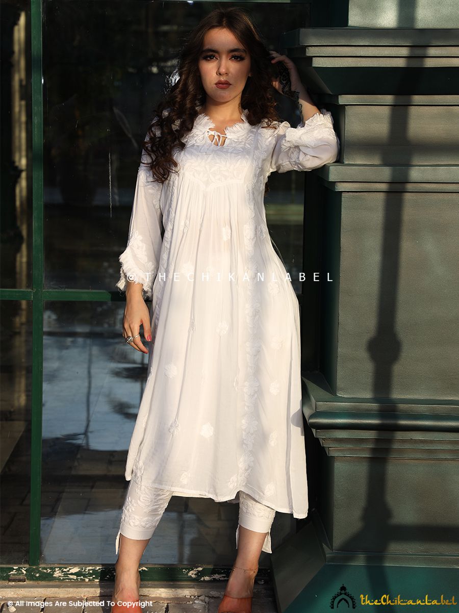 White chikan hot sale anarkali kurti