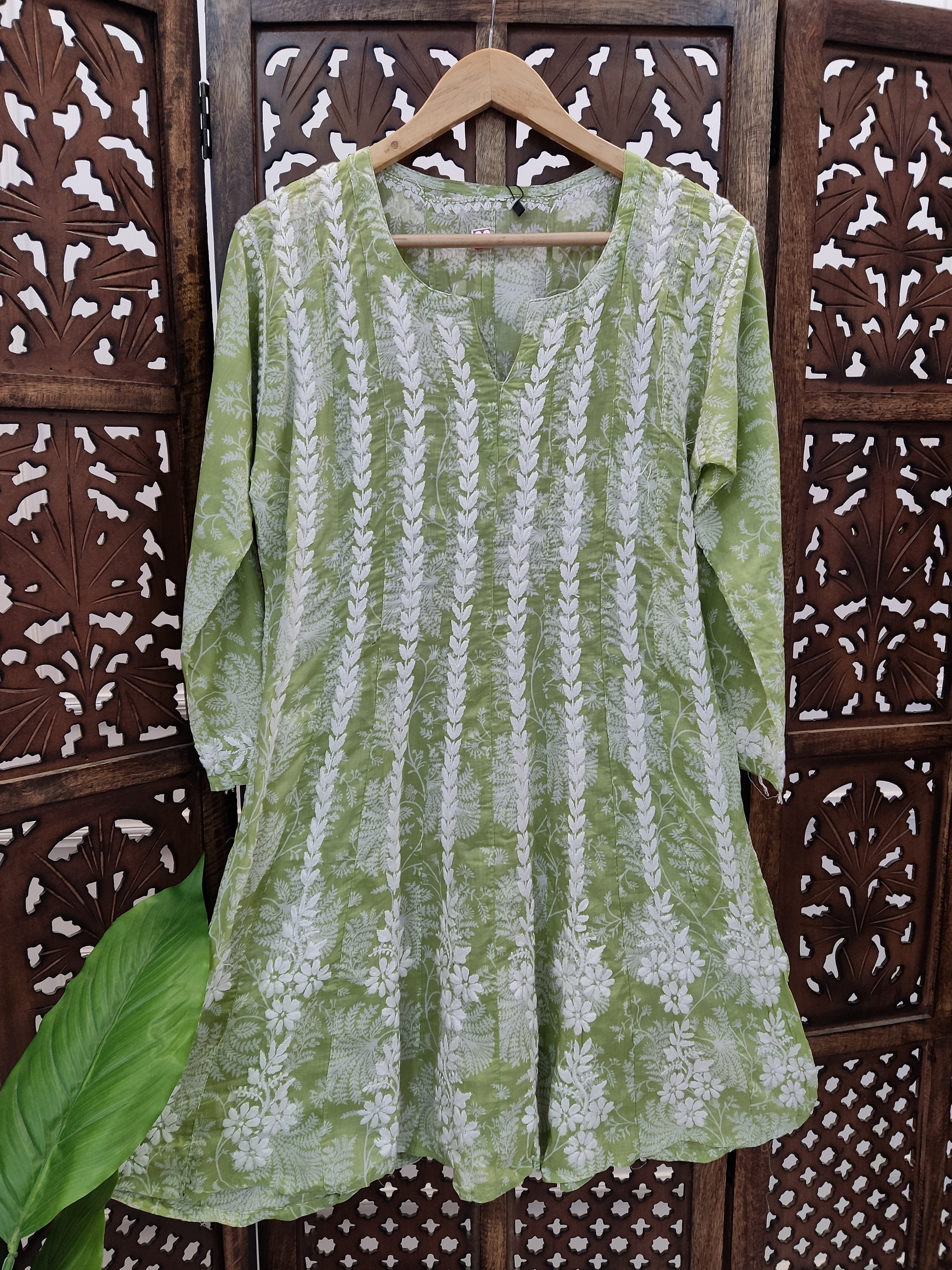 Green Mulmul Printed Chikankari Short Anarkali