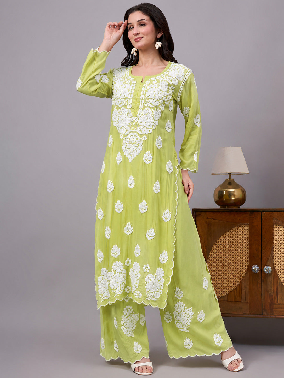 Najat Modal Chikankari Kurti Palazzo Set - Pista Green