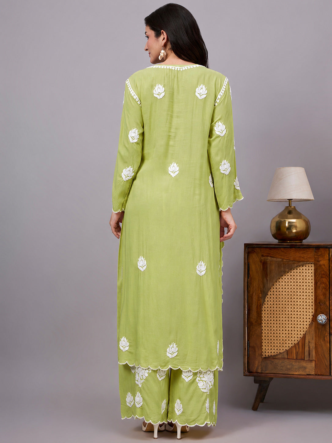 Najat Modal Chikankari Kurti Palazzo Set - Pista Green