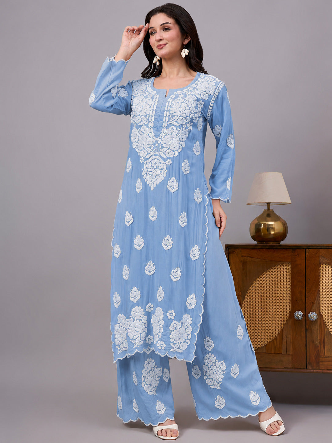 Najat Modal Chikankari Kurti Palazzo Set - Powder Blue