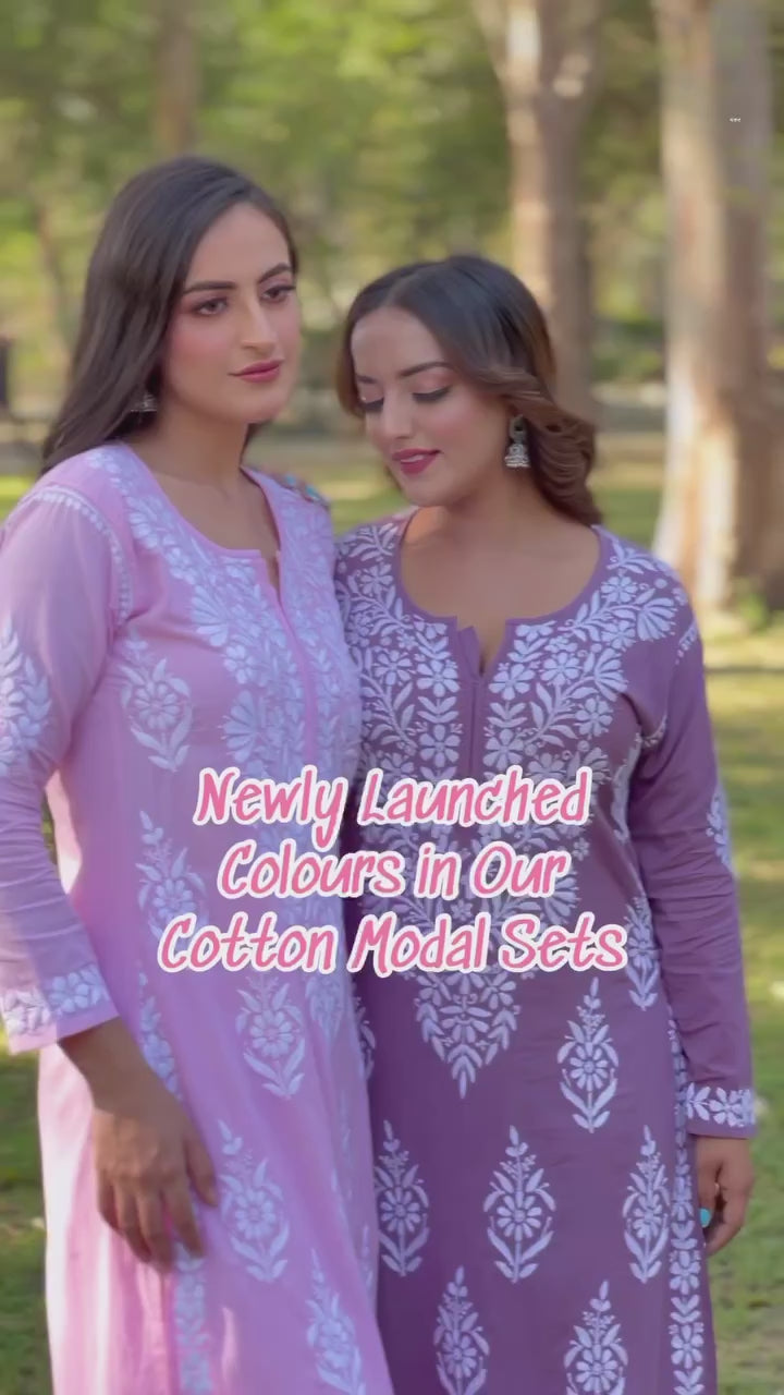 Buy chikankari kurti pant set online at best price, Shop authentic Lucknow chikankari handmade kurti pant set in modal fabric for women 4
