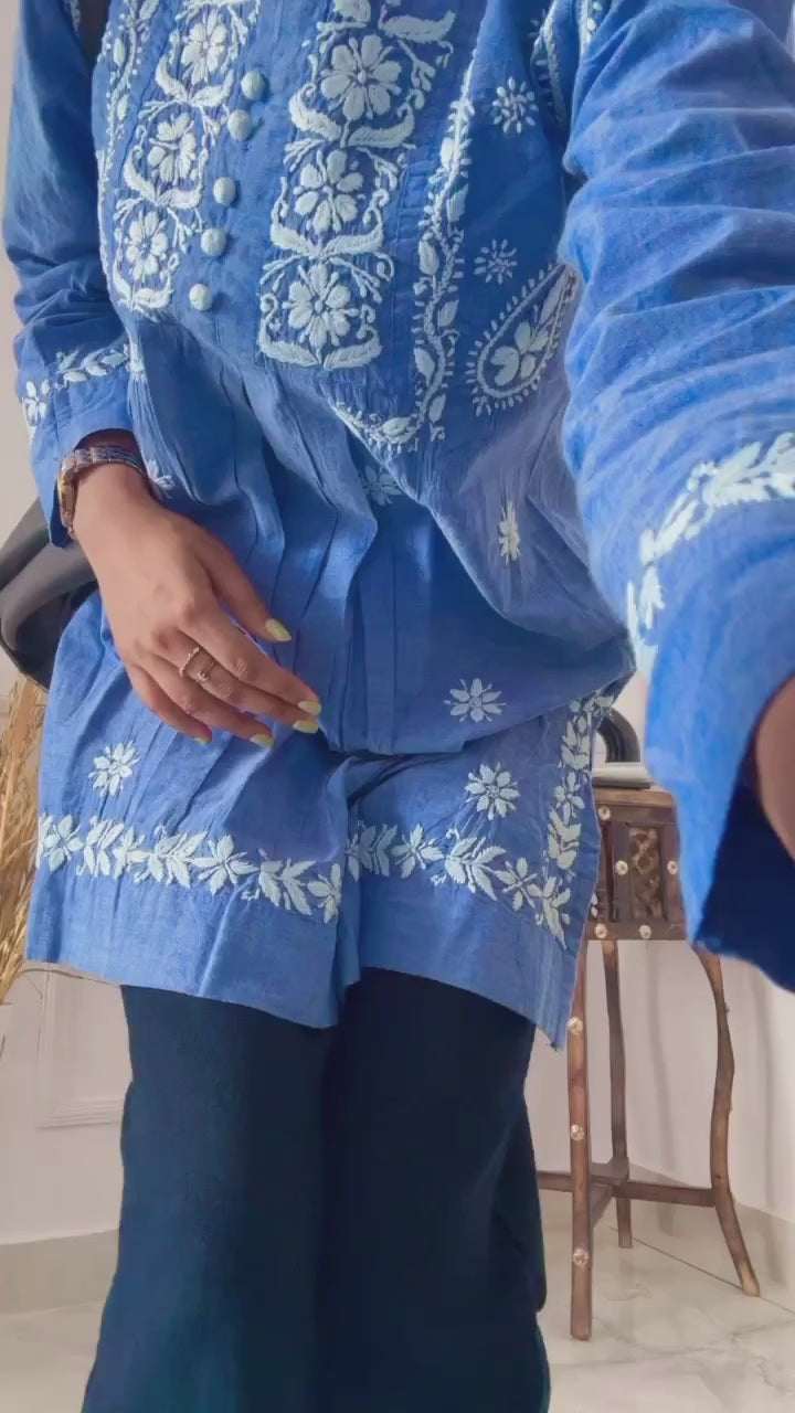 Ekaya Cambric Cotton Krosia Buton Chikankari Tunic Top ,Chikankari Tunic Top in Cambric Cotton Fabric For Woman