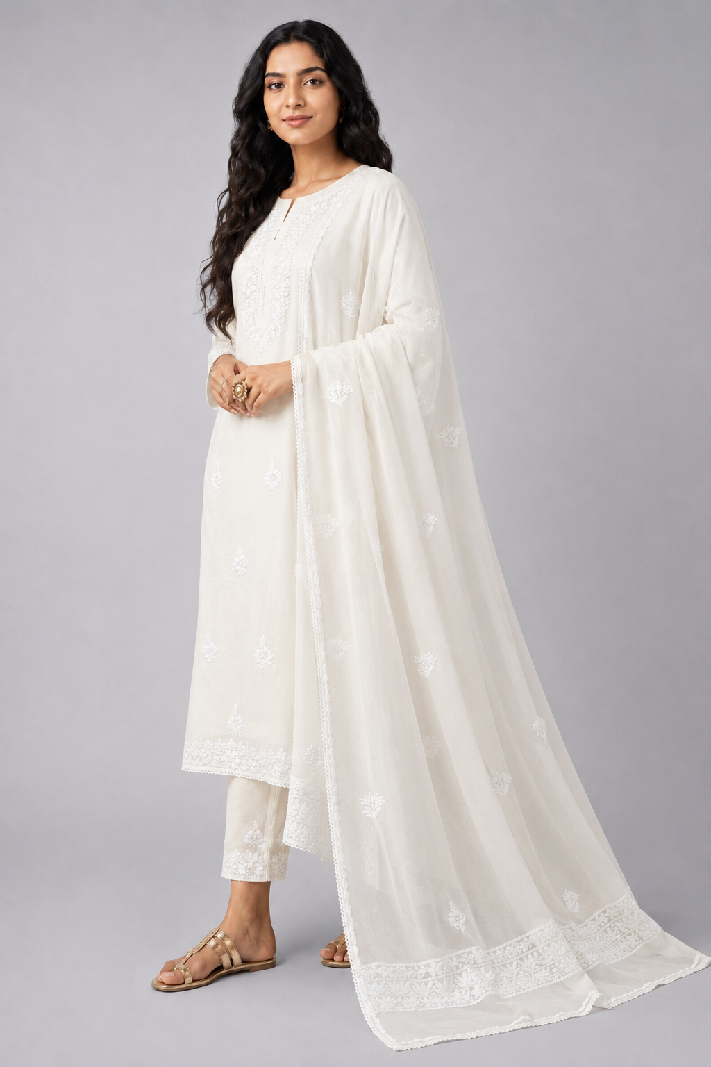 White Viscose Chikankari Dupatta