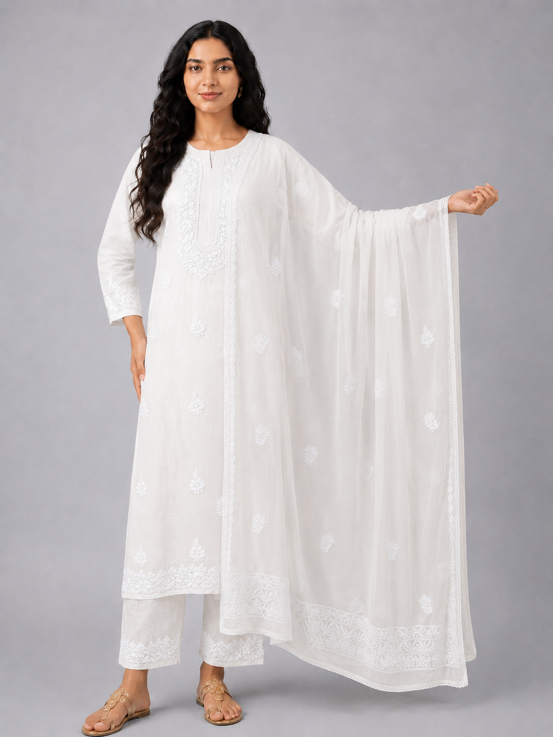 White Viscose Chikankari Dupatta