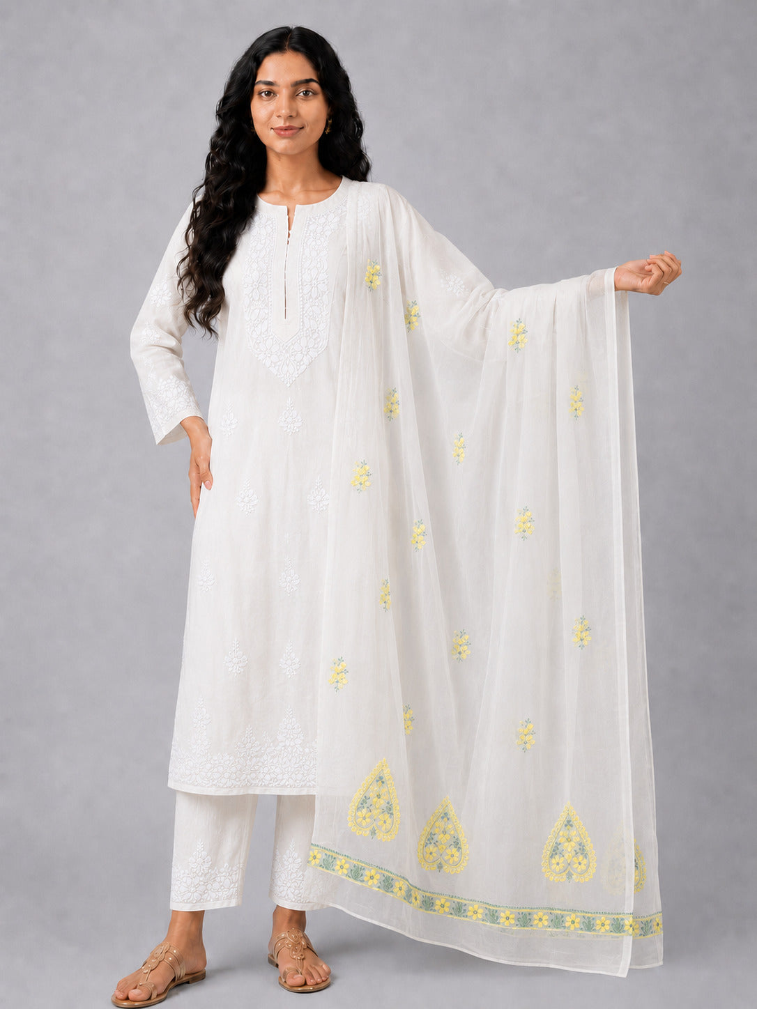 Yellow Semi Organza Chikankari Dupatta