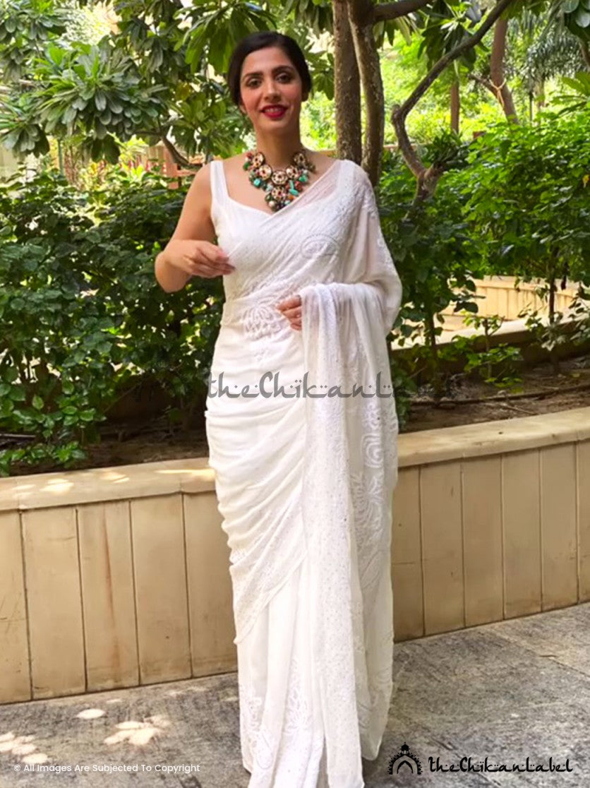 Buy White Faux Georgette Sequins Chikankari Saree Party Wear Online at Best  Price | Cbazaar