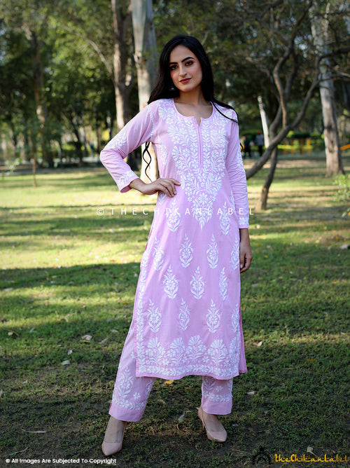 Baby Pink Ezna Modal Chikankari Kurti Pant Set