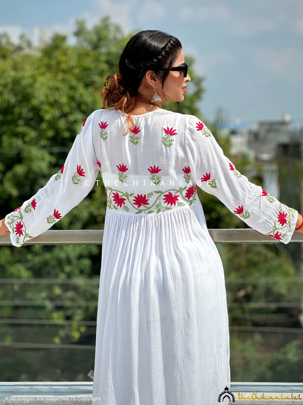 White multi chikankari anarkali in Muslin fabric for women online, Buy Authentic Lucknow Chikankari Anarkali at Best Price. 4