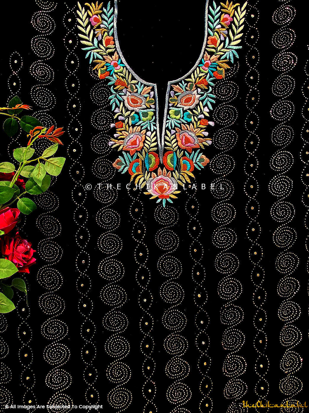 Black Kamdani Multicolour Parsi Gara Neckline Chikankari Un-stitched Suit