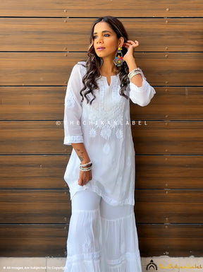 White Fida Viscose Chikankari Kurti Garara Set