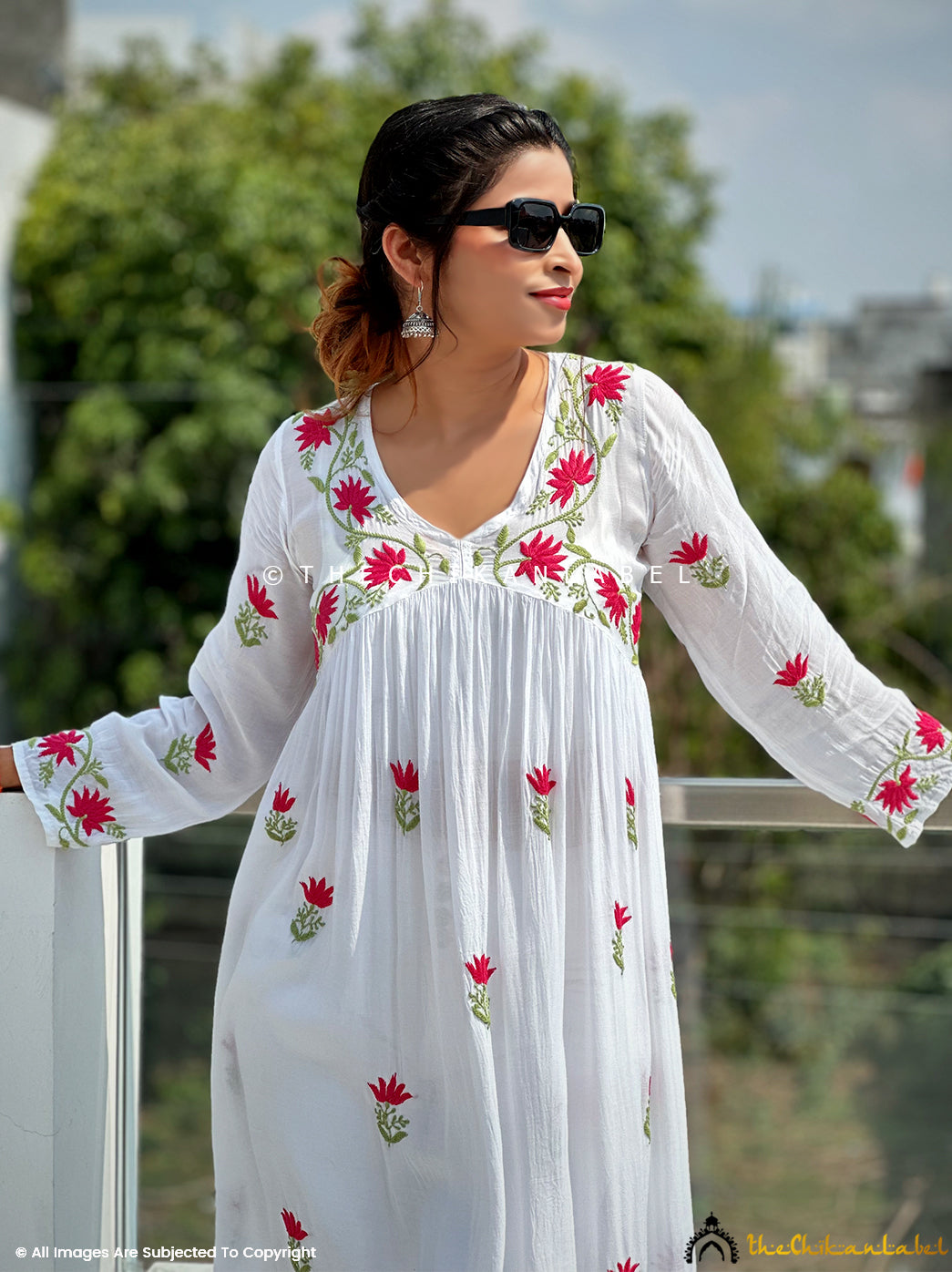 White multi chikankari anarkali in Muslin fabric for women online, Buy Authentic Lucknow Chikankari Anarkali at Best Price. 2