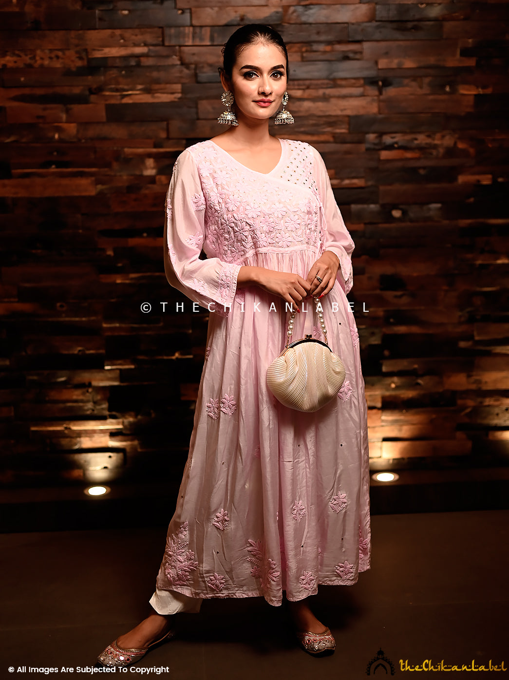 Baby Pink Diya Muslin Chikankari Angrakha,Chikankari Angrakha In Muslin Fabric For Women