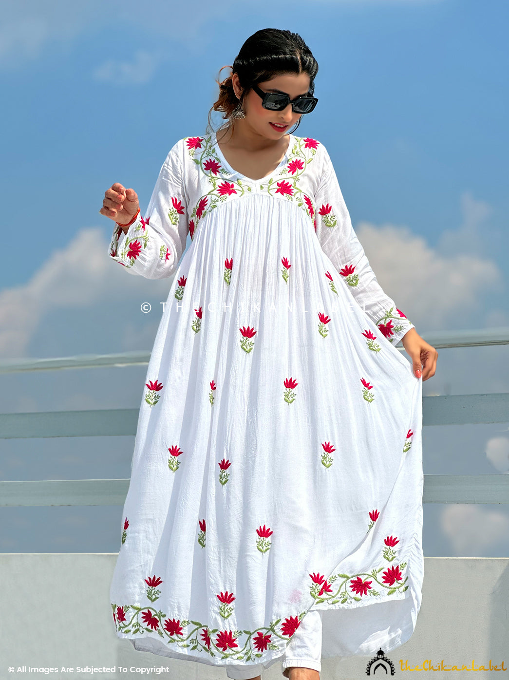 White multi chikankari anarkali in Muslin fabric for women online, Buy Authentic Lucknow Chikankari Anarkali at Best Price. 3