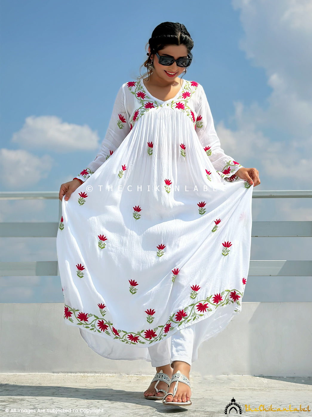 White multi chikankari anarkali in Muslin fabric for women online, Buy Authentic Lucknow Chikankari Anarkali at Best Price.
