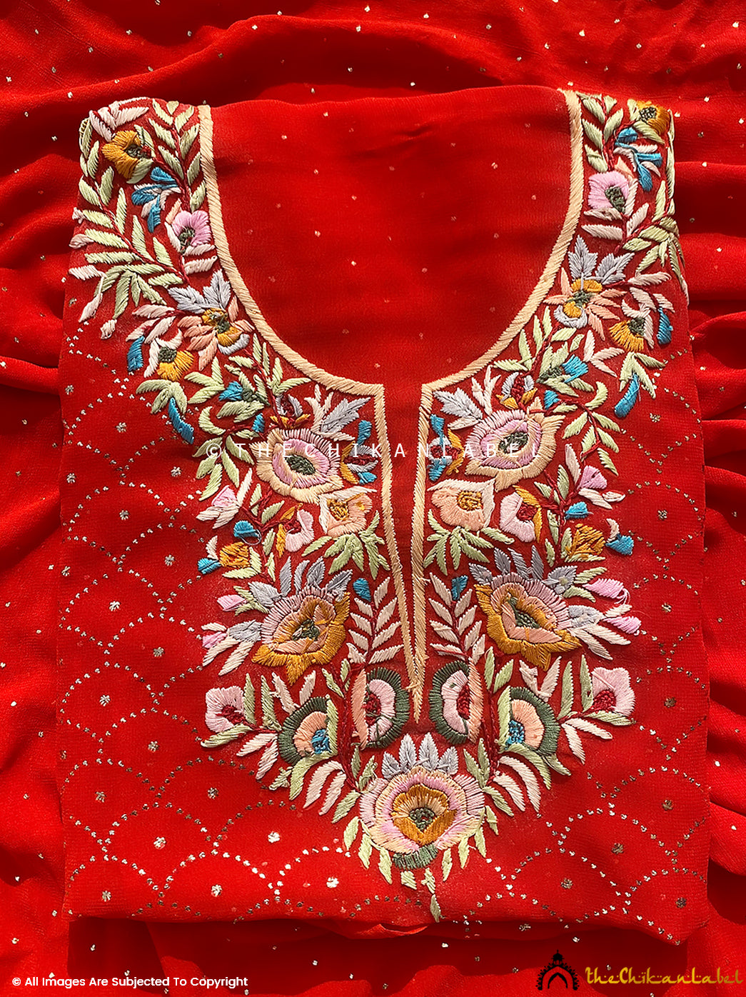 Red Kamdani Multicolour Parsi Gara Neckline Chikankari Un-stitched Suit