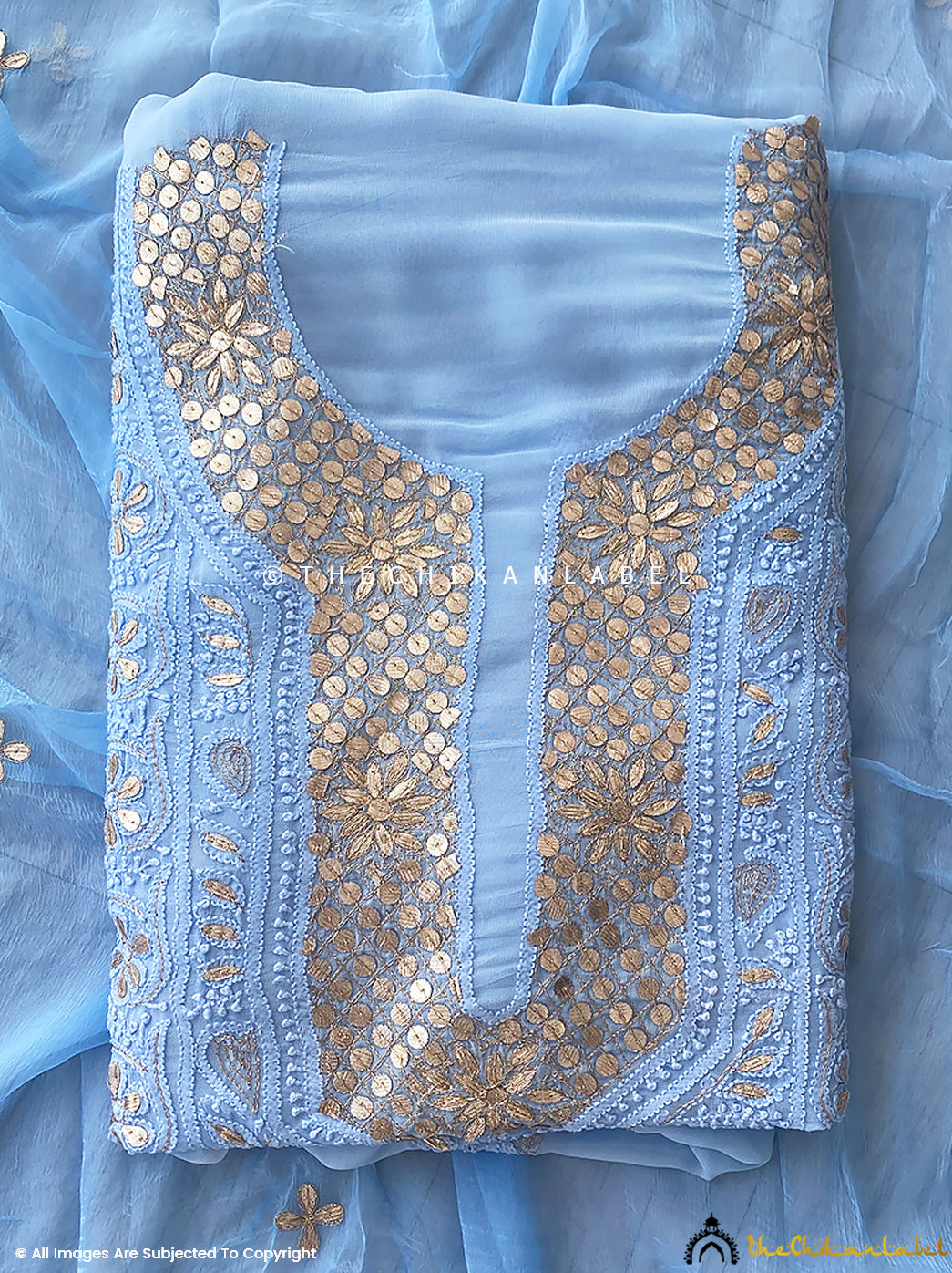 Powder Blue Shiza Viscose Un-Stitched Chikankari Gota Patti Suit