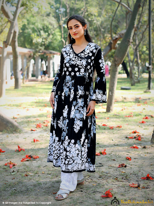 Black Biba Mulmul Cotton Chikankari Angarkha