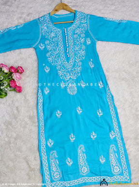 Sea Green Rayon Straight Chikankari Kurti