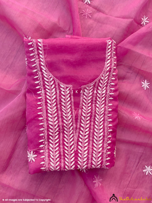 Rani Pink Nazrana Un-Stitched Semi Organza Chikankari Suit