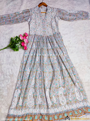 Sea Green Mulmul Cotton Printed Chikankari Anarkali