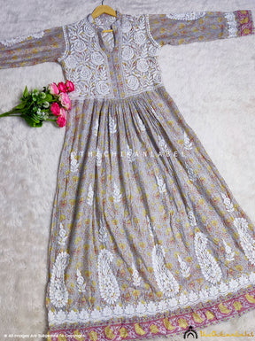Sea Green Mulmul Cotton Printed Chikankari Anarkali