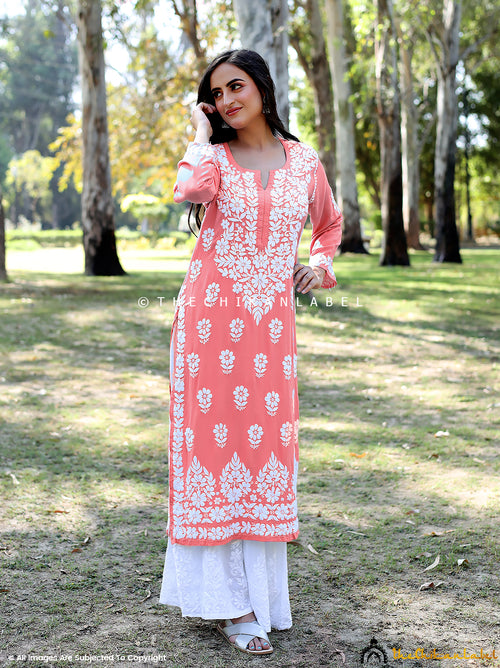 Peach Sifar Modal Straight Chikankari Kurti