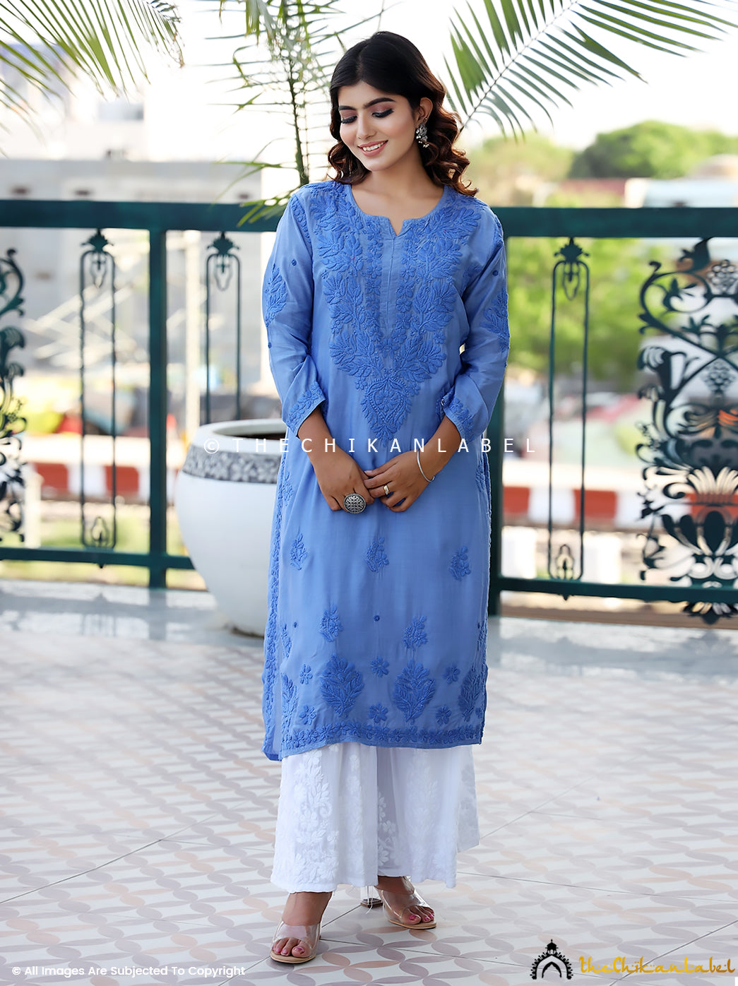 Blue Iqra Muslin Chikankari Straight Kurti ,Chikankari Straight Kurti  in Muslin Fabric For Woman