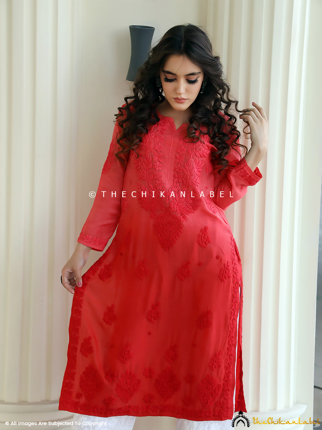 Red Iqra Muslin Chikankari Straight Kurti , Chikankari Straight Kurti in Muslin Fabric For Woman