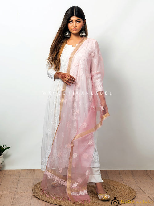 Baby Pink Organza Chikankari Dupatta Lucknawi Chikan Handmade Stole Scarf