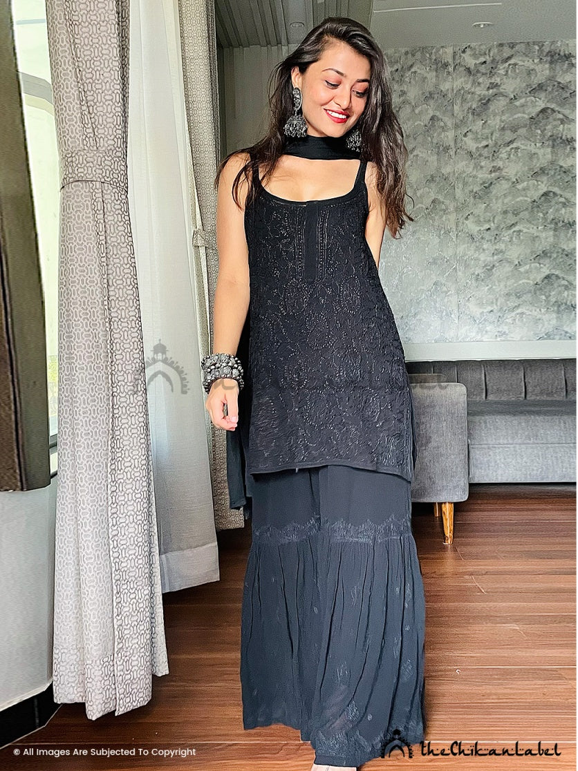 Jia Viscose Chikankari Strappy Kurta Set with Dupatta Black