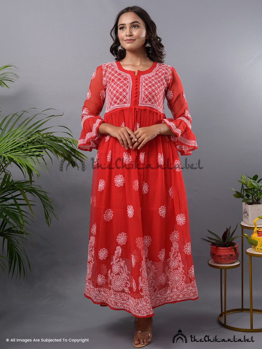 Red Georgette A-Line Kurti Lucknow Chikankari Kurta ,Chikankari Kurta in Georgette Fabric For Woman